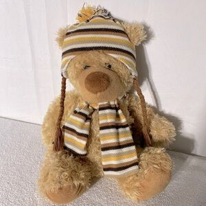 Vintage Tan Teddy Bear Plush Toy Stuffed Animal With Toque And Scarf